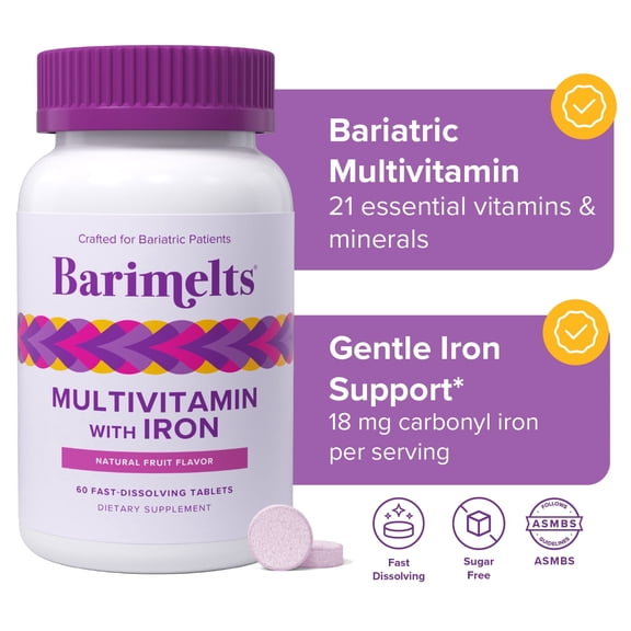 BariMelts Bariatric Multivitamin with Iron for Post-Weight Loss Surgery (WLS) - Natural Fruit Flavor, 60 Count