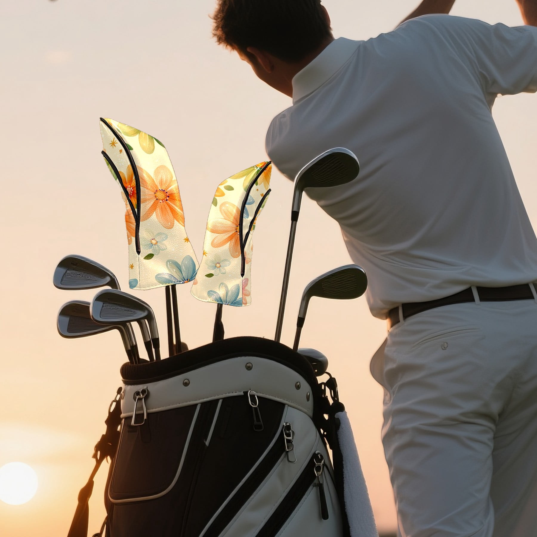 Golf Head Covers Pastel Flowers Design for Driver, Wood & Hybrid, Premium Waterproof PU Leather with Plush Lining, Soft Floral Golf Gifts