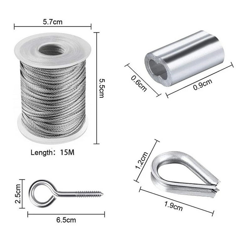 Gerich 15M 2mm Convenient Stainless Steel Wire Rope Cable Hooks Hanging Kit  Tent Rope 