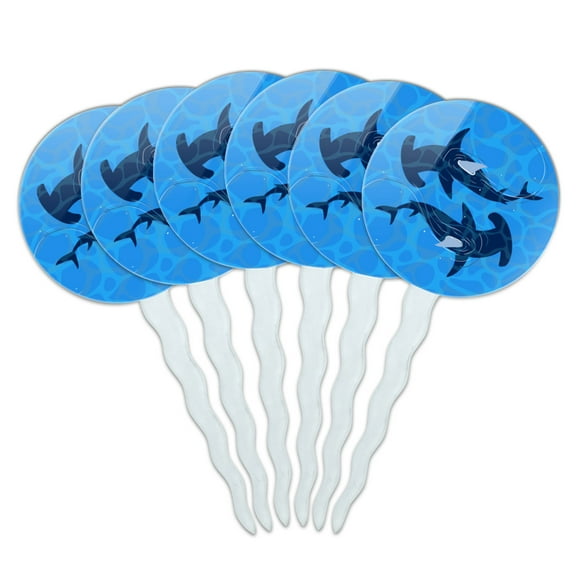 Hammerhead Sharks Swimming in the Ocean Cupcake Picks Toppers Decoration Set of 6