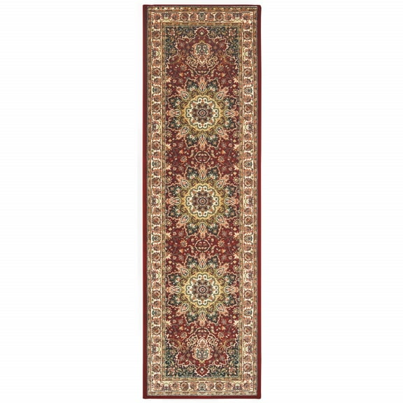 8' Red Ivory Machine Woven Oriental Indoor Runner Rug