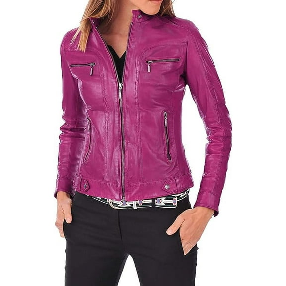 HOT Women's Genuine Lambskin Real Leather Jacket Stylish Collared Biker Coat W015