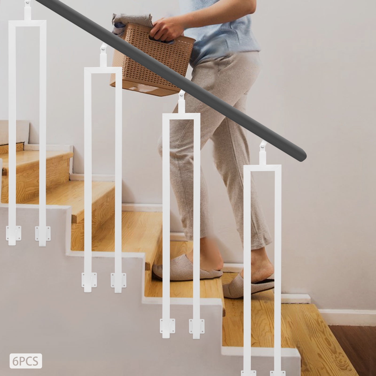 Premium Stair Guardrail Posts, 6pcs 39.37in U-Shape Posts, High-Temp Baked Paint Finish, 180° Flexible Bracket, Suitable for Villas/Hotels/Gardens