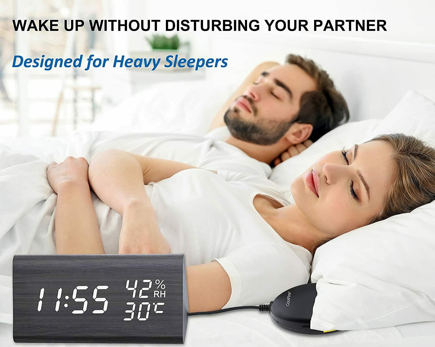 CoolFire Wooden Vibrating Alarm Clock for Heavy Sleepers Adults, Wake Loud Alarm Clock for Heavy Sleepers, Bed Shaker Alarm Clock, Smart Alarm Clock (Black)