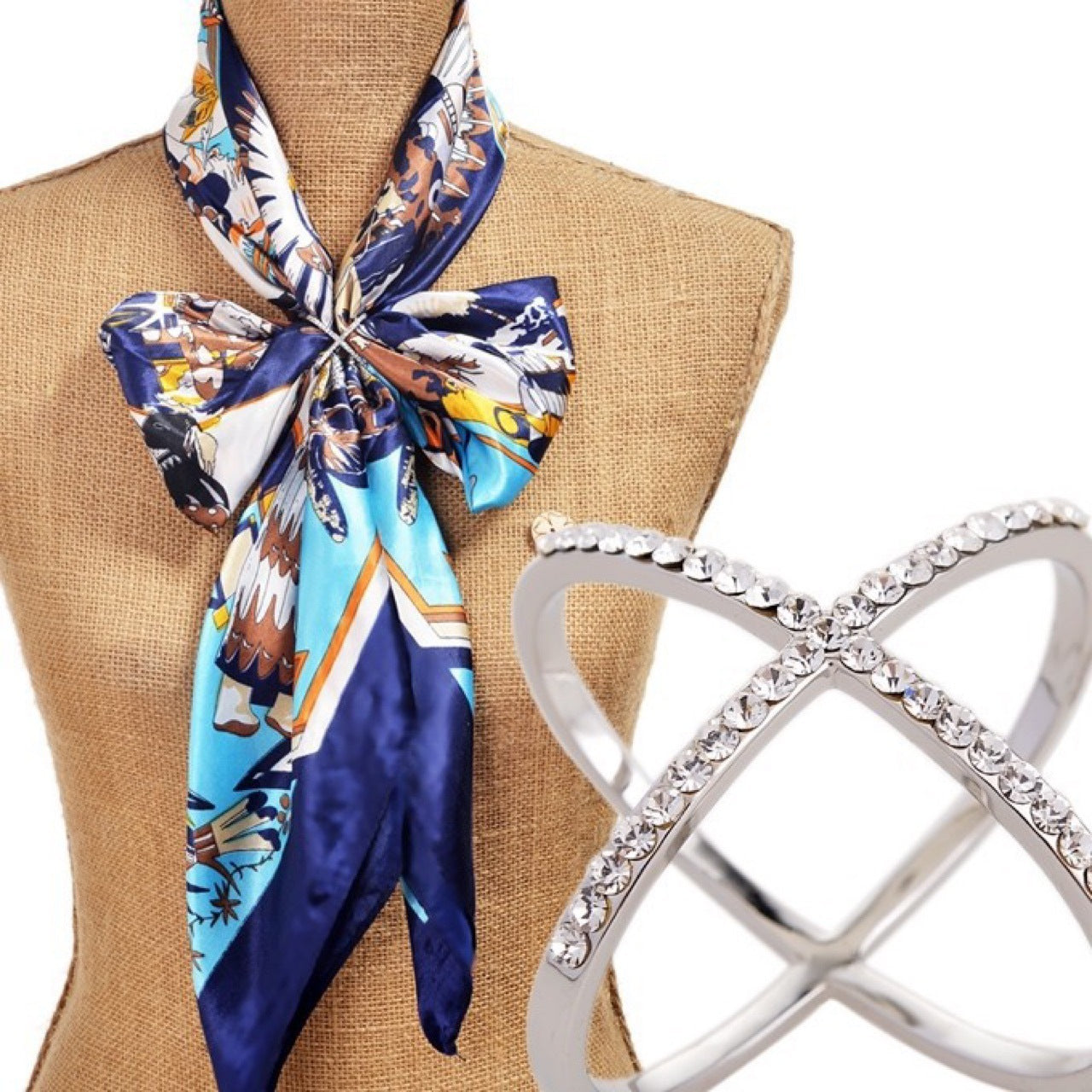Womens Scarf Buckle Ring Diamond Studded Cross Cutout Geometric Alloy Elegant Multi Functional Fashion Accessory