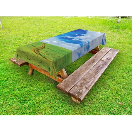 

Country Outdoor Tablecloth Earth Path Road on Grass Field Plateau Rural Countryside View with Clouds Image Print Decorative Washable Fabric Picnic Table Cloth 58 X 84 Inches Blue by Ambesonne