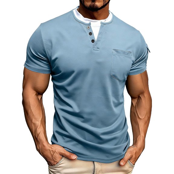 USNSM Men's Henley Shirts Short Sleeve Casual Button Basic Tee Shirt with Pocket Slim Fit Stretch Summer Muscle T-Shirts Tops Blue XL