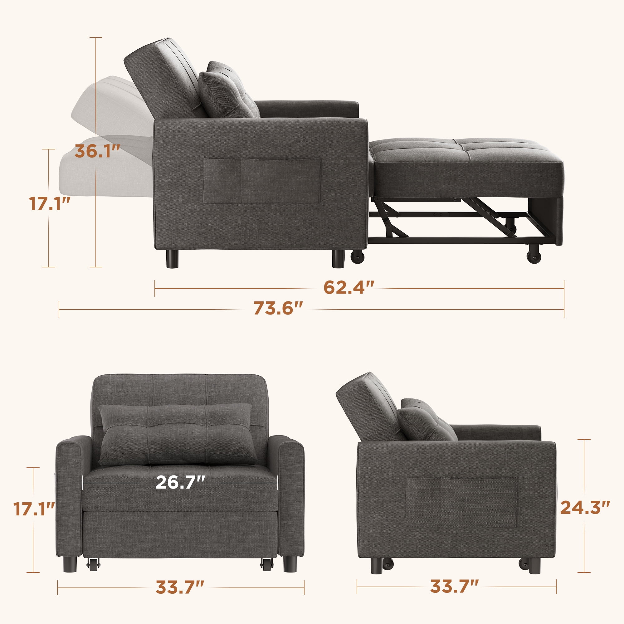 AIHO 3-in-1 Sleeper Chair, Convertible Sofa Bed for Small Spaces, Perfect as Guest Bed & Daily Chill Spot - Easy Fold, Dark Gray Linen