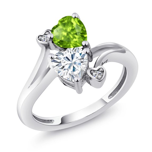 Gem Stone King 925 Sterling Silver Green Peridot White Moissanite and White Diamond Ring for Women (1.60 Cttw, Heart Shape 6MM, Gemstone August Birthstone, Size 5)
