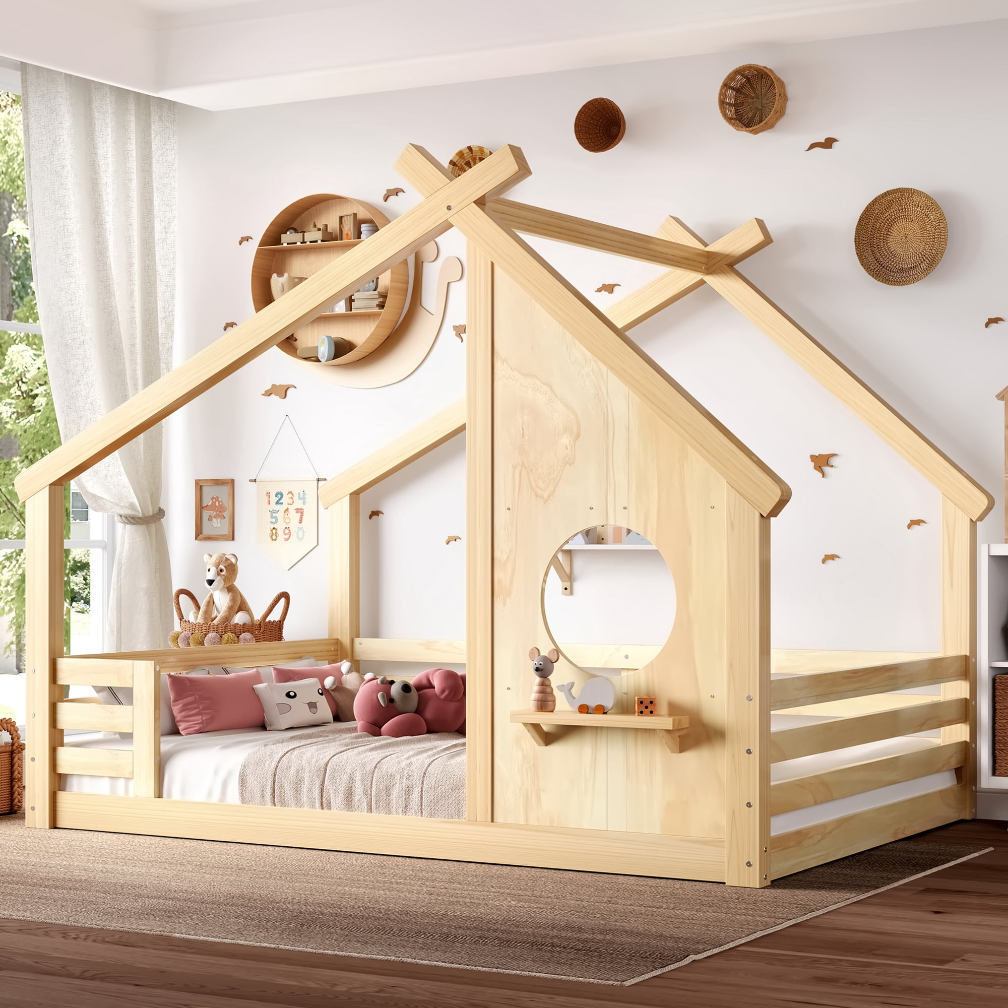 Jopath Full Size House Floor Bed with Window and a Small Shelf, Solid Wood Floor Bed with House-shaped Roof for Boys Girls Natural