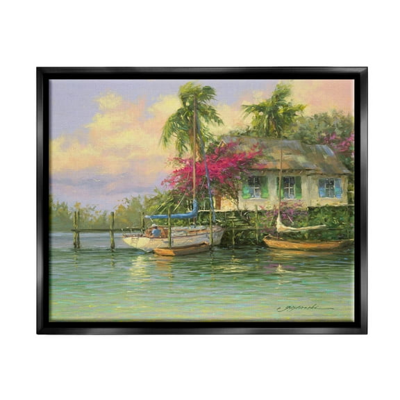 Tropical Vacation Seaside House Landscape Painting Jet Black Framed Art Print Wall Art
