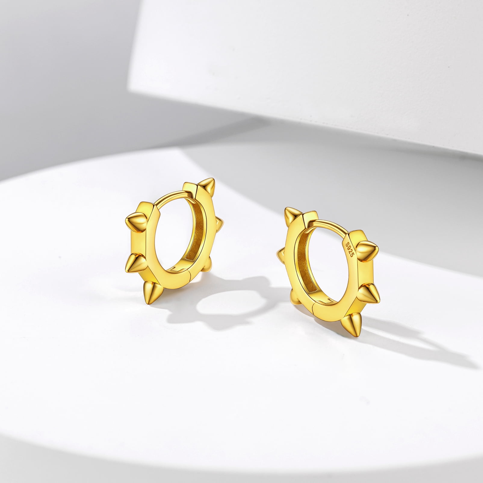 Silvora Gold Plated Small Huggie Hoop Earrings for Women Men Rivet Sterling Silver Punk Gothic Ear Hoops