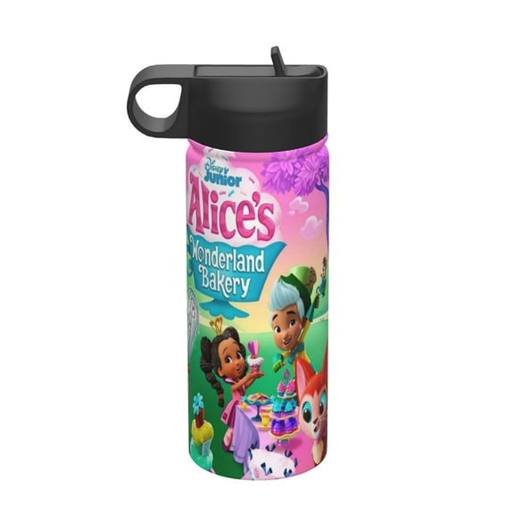 Alice In The Wonderland Bakery Kids Insulated Water Bottle With Straw - 18 Oz Stainless Steel Double Wall Vacuum Cup, Leakproof, Bpa Free, Suitable For Boys And Girls