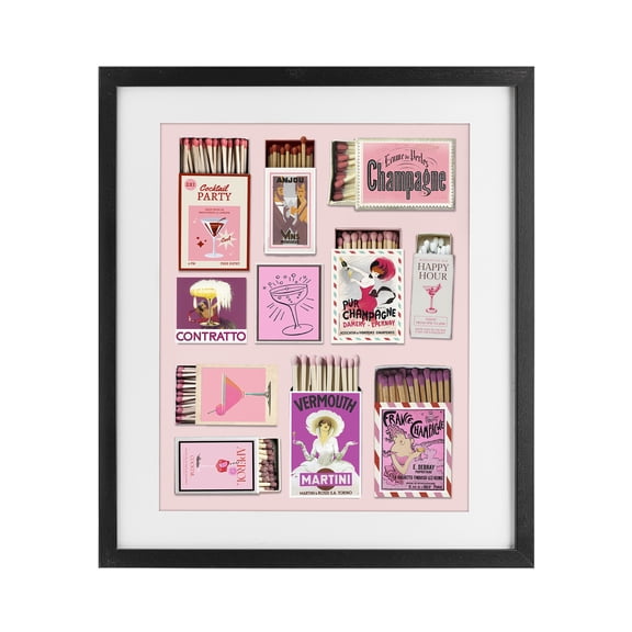 Stupell Industries Champagne & Cocktail Matchboxes Black Framed Print Under Glass, design by CAD Designs