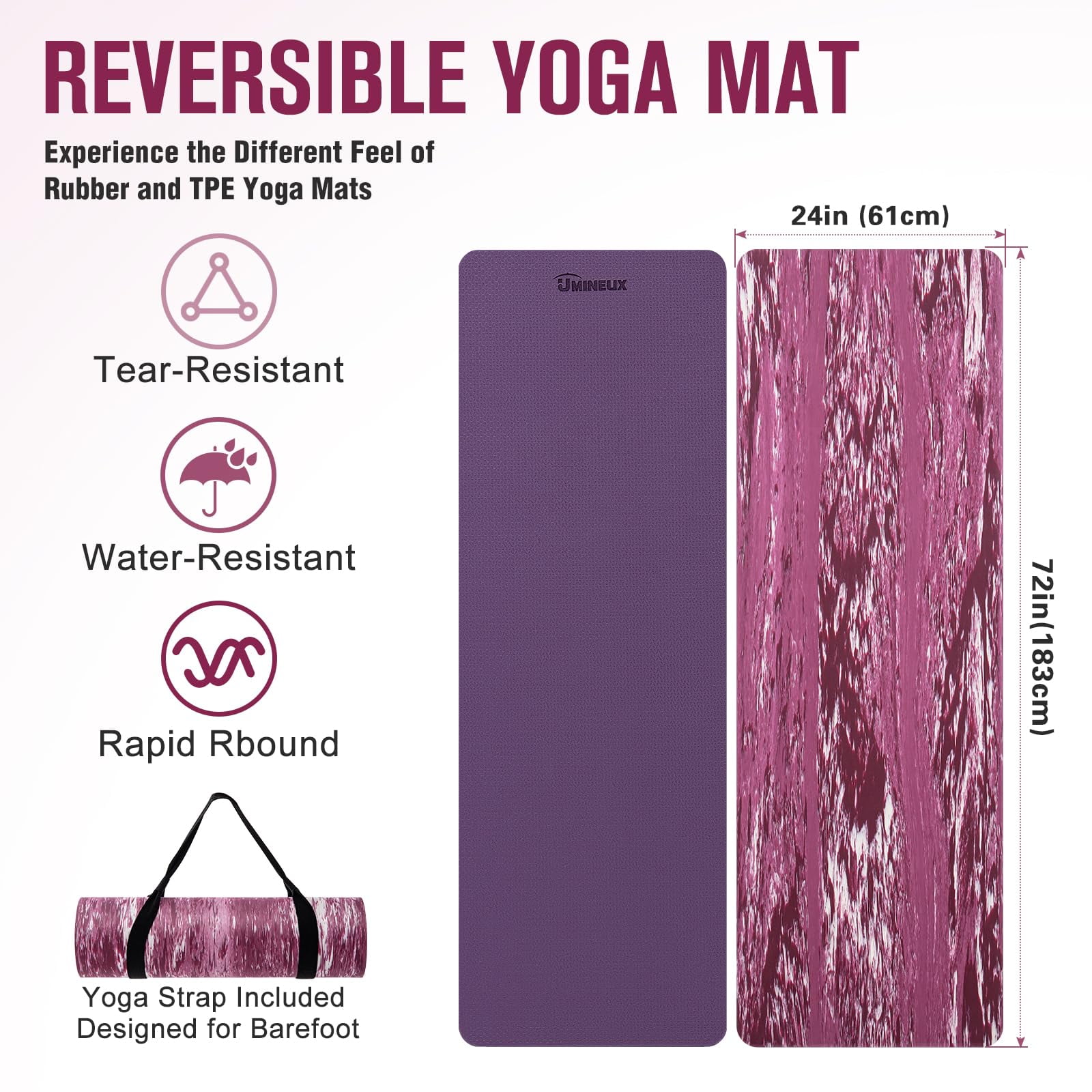 Umineux Extra Thick Yoga Mat, 10MM Non-Slip Natural Rubber and TPE, 72" x 24" x 0.4"