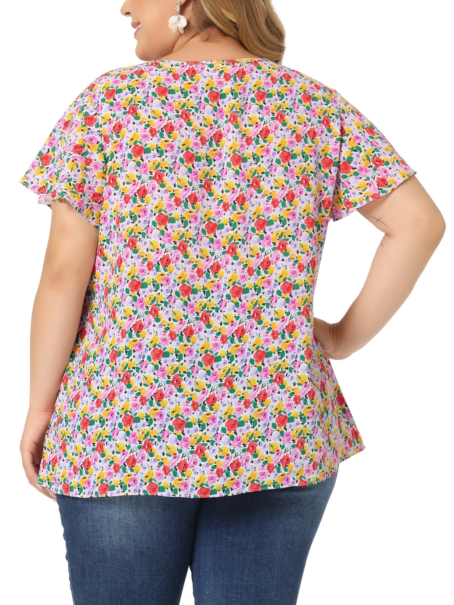 DARING DIVA Women's Plus Ruffle Short Sleeve Keyhole Chiffon Blouse L Red Pink