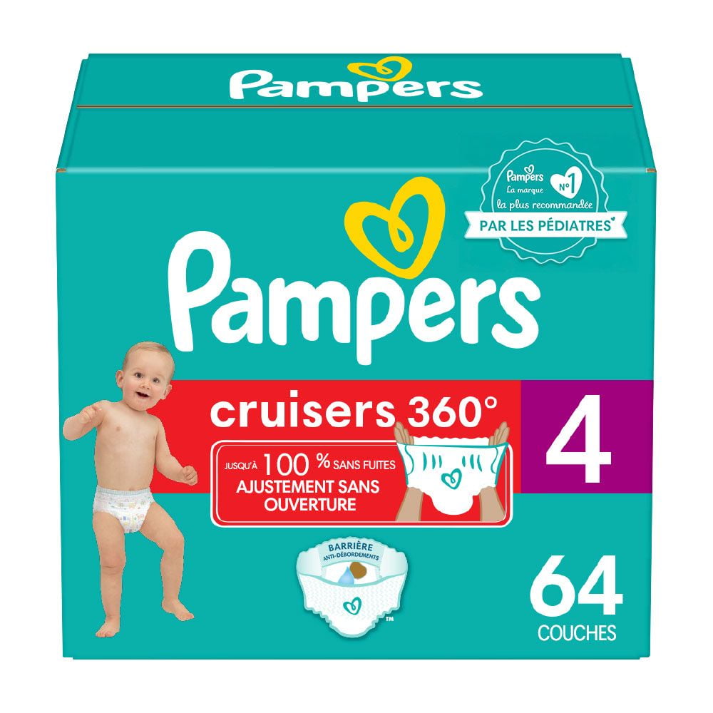 Couches Pampers Cruisers 360°, ajustement jusqu’à 100 % sans fuites, conçues pour les bébés actifs, couche à enfiler, rabats rapides conçus pour faciliter les changements, taille 4 64 Unité