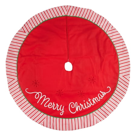 Holiday Time Merry Christmas Red Fleece Christmas Tree Skirt with Candy Striped Border,