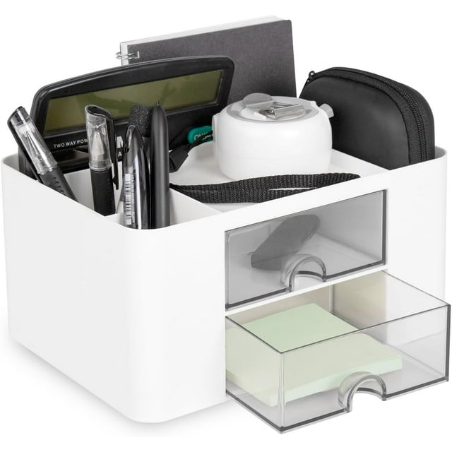 Organizador de Escritorio con cajón, Caja de Almacenamiento de plástico con 5 Compartimentos y 2 cajones, para Escritorio, tocador, Oficina, hogar