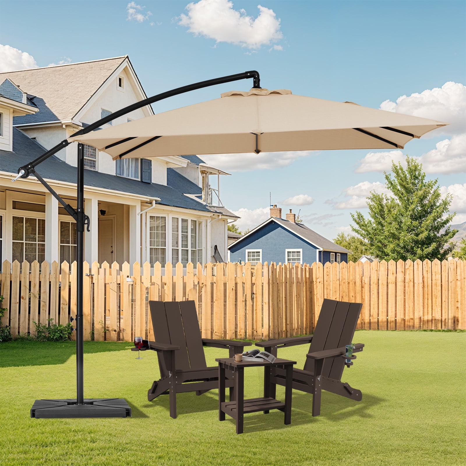 JUSTLET 8 x 8 ft Outdoor Square Hanging Offset Cantilever Umbrella for Garden, Base Included, Beige