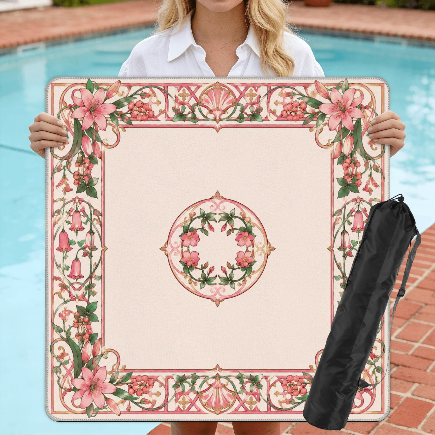 Mahjong Mat 31.5" x 31.5" Pink Floral Wreath Ornamental Border Non-Slip Noise Reduction American Mahjong Tiles Table Cover for Dominoes Poker Card Board Games Gift