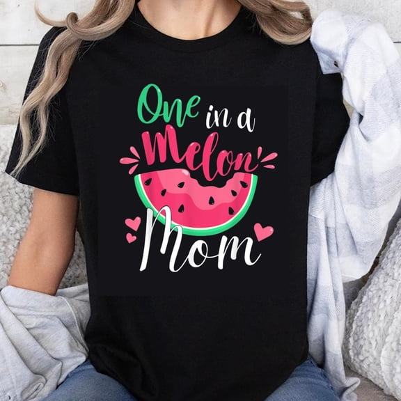 100% Cotton One in a Melon Mom T-Shirt Watermelon Design Funny Mother's Day Gift for Women Casual Summer Shirt