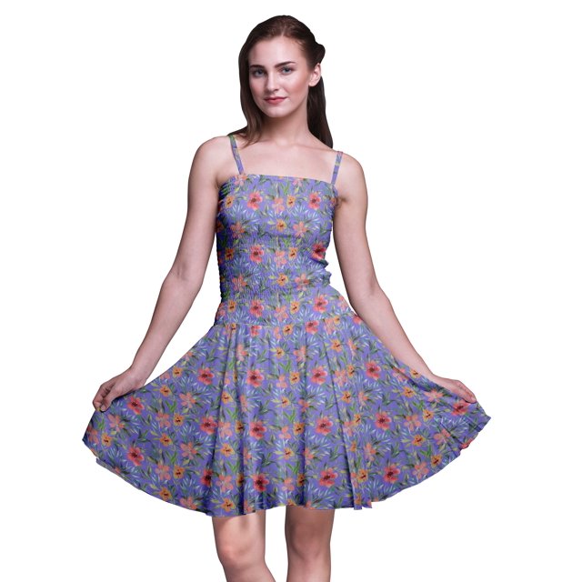 Bimba Robe Cocktail au-Dessus du Genou Smockée Florale pour Femmes Robe d'Été Fluide-Petite
