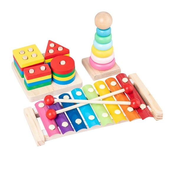 3 uds., Juguetes creativos de iluminación para niños, juguetes educativos de madera, instrumentos musicales geométricos, juguetes, torre arcoíris para el jardín de infantes en casa