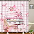 thumbnail image 3 of 4PCS Fashion Shower Curtain Sets With Rugs, Black White Striped Shower Curtain, Girly Magazine Books Pink Floral Peony Leopard Print High Heels Champagne Perfume Lipstick Modern Bathroom Decor, 3 of 7