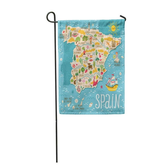 POGLIP Red Map of Spain Travel Spanish Landmarks People Food Garden Flag Decorative Flag House Banner 12x18 inch