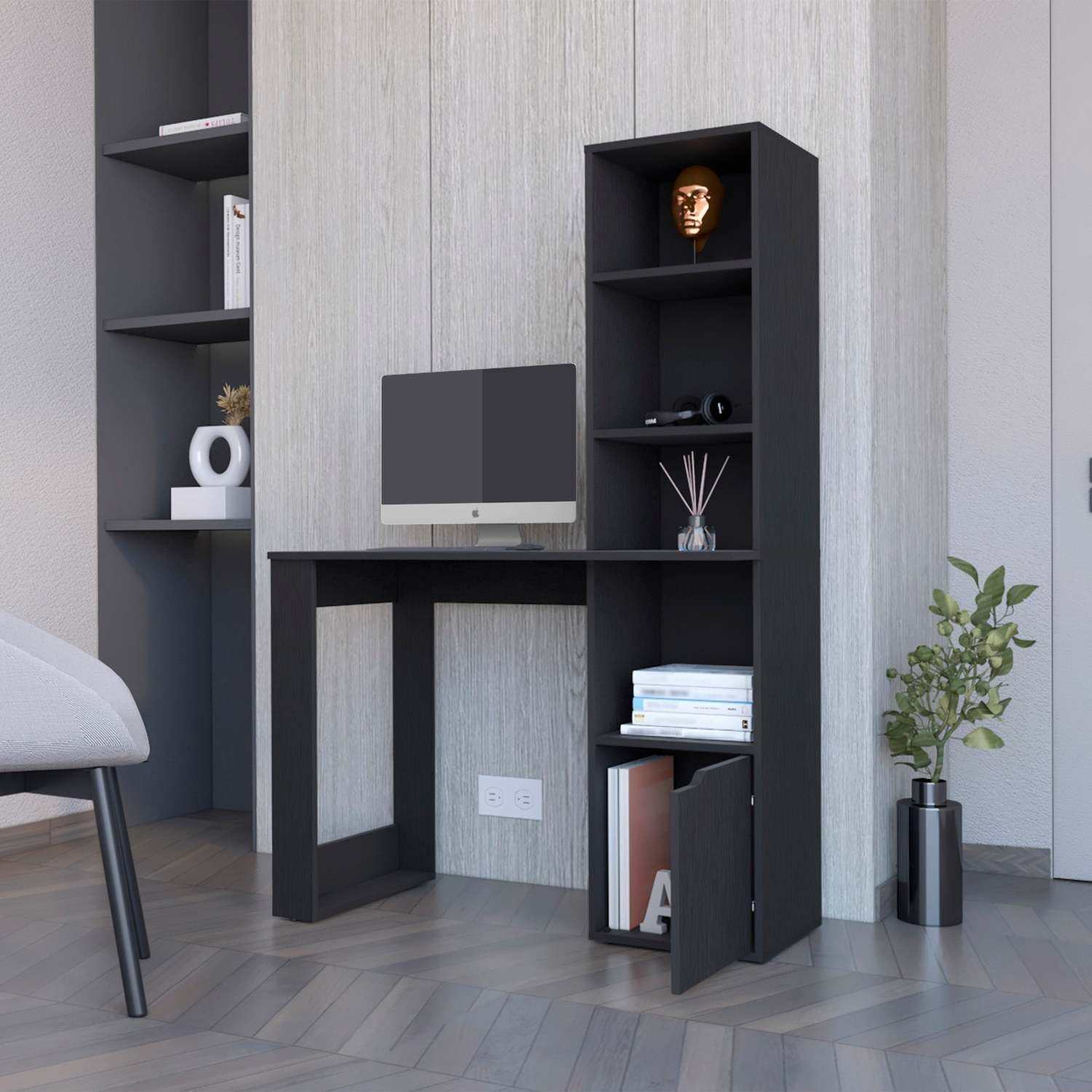Asteroutdoor Computer Desk with 4-Tier Bookcase and 1-Door Cabinet, Wenge