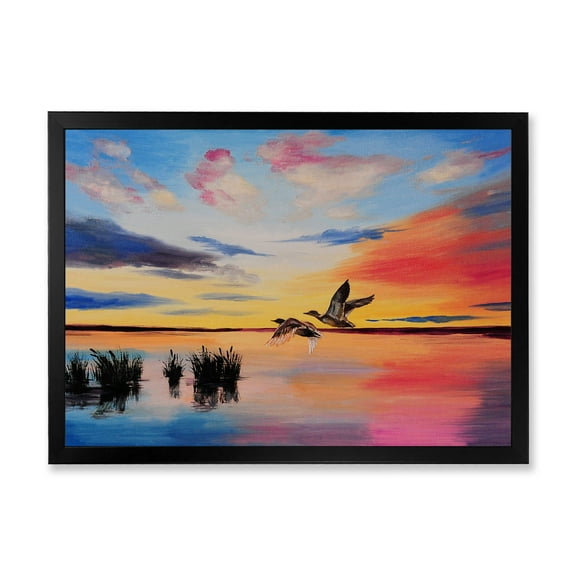 Crane Birds Flying During Colorful Sunset 40 in x 30 in Framed Painting Canvas Art Print, by Designart