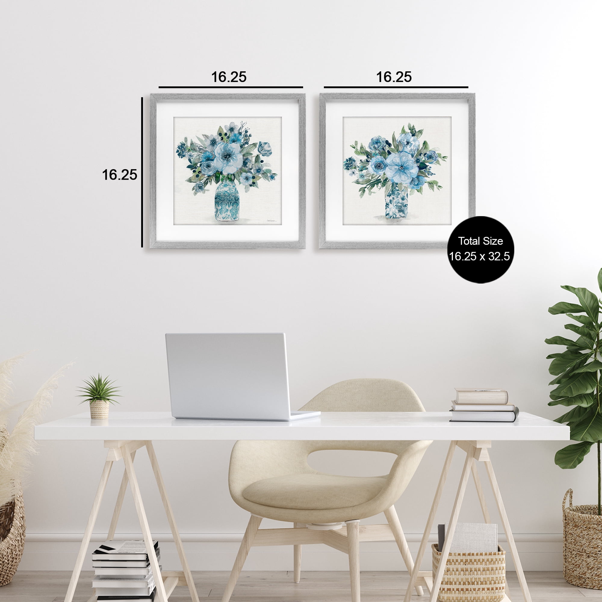 Stupell Industries Pastel Blue Floral Vase Arrangements 2 Piece Gray Framed Print Under Glass Set, design by Carol Robinson