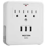 BESTTEN Wall Mount Surge Protector with 3.1A Triple USB Charging Ports, 3 AC Outlet Plugs and 2 Slide Out Phone Holders for iPhone, iPad, ETL Certified