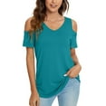 thumbnail image 2 of Wycnly Womens Summer Tops Short Sleeve V-Neck Solid T Shirts Casual Cold Shoulder Lightweight Tunic Tees Blouses Blue s, 2 of 7