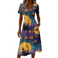 thumbnail image 4 of Womens Halloween Dress Spider Short Sleeve Pumpkin Funny Wedding Guest Dress Skeleton V Neck Vintage Wrap Dresses L, 4 of 5