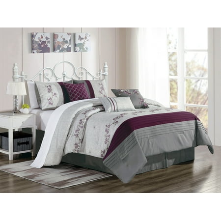 Antique Floral Vine (11-Pc Akira Floral Blossom Vine Pleated Stripe Comforter Curtain Set Antique Silver Gray Purple)