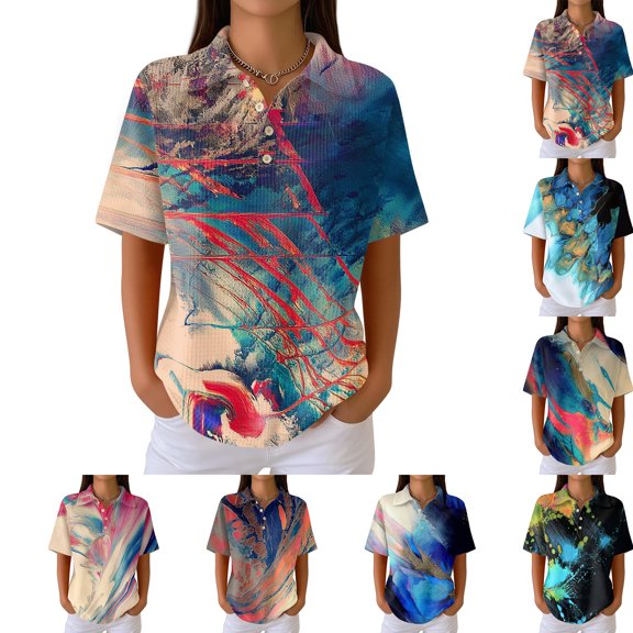 Womens Polo Shirts Summer Waffle Vintage Texture Abstract Oil Painting Print Golf Polos Short Sleeve Button Down Collar Trendy Blouse Light Blue S