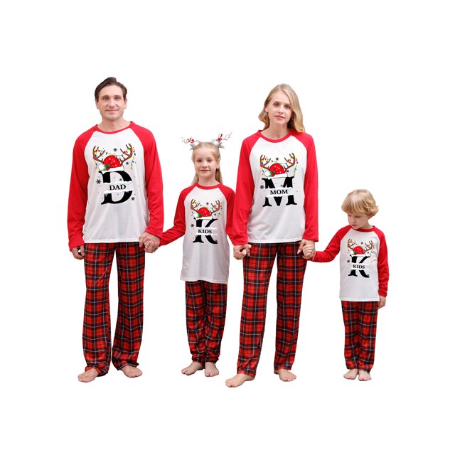 ZAXARRA Pyjamas de Noël Assortis pour la Famille, Hauts à Manches Longues Col Rond + Pantalons à Motif à Carreaux Tenues de Nuit