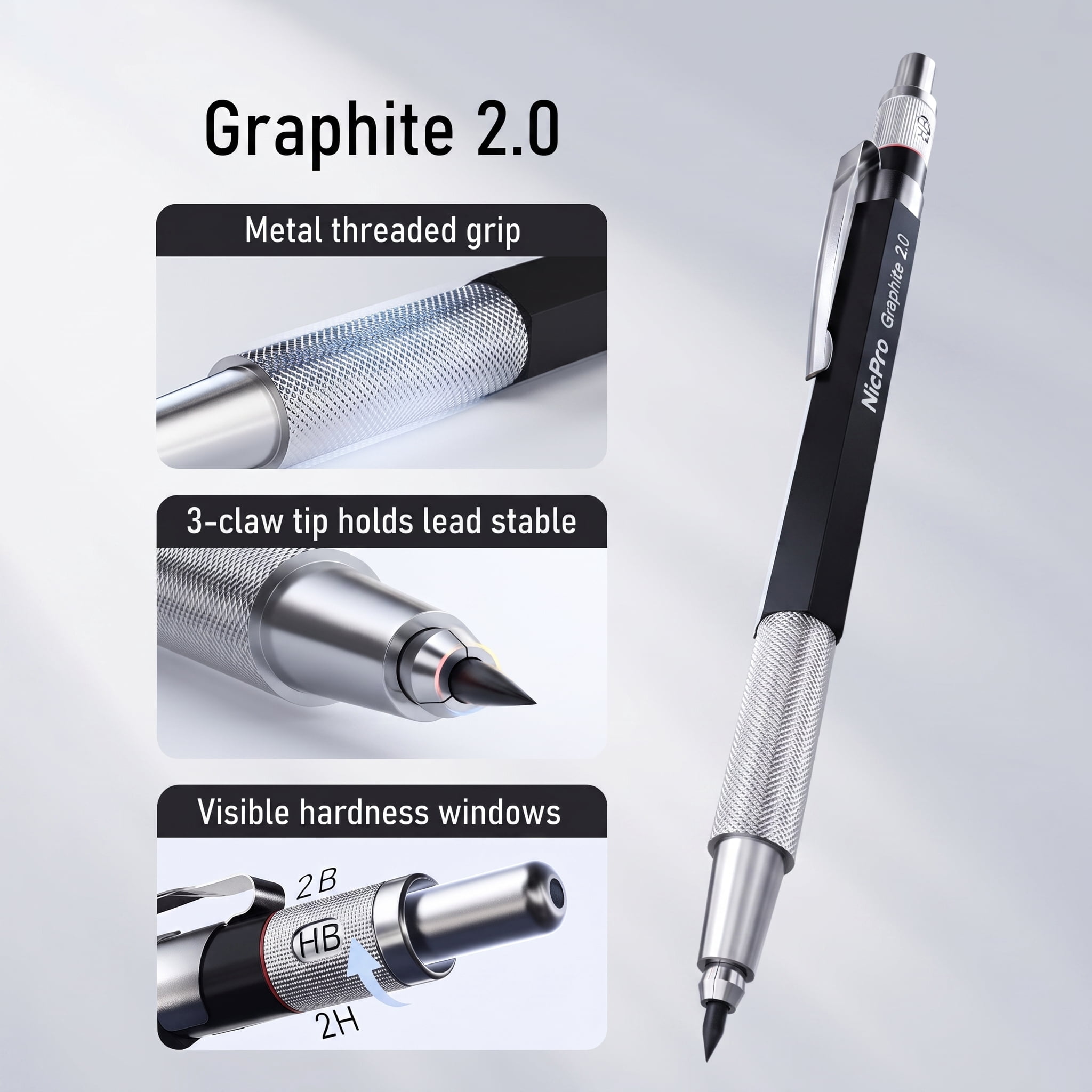Nicpro 6PCS Art Mechanical Pencil Set, 3PCS Metal Drafting Pencil 0.5 mm & 0.7 mm & 0.9 mm & 3PCS 2mm Graphite Lead Holder (2B HB 2H) with Lead Refills Case