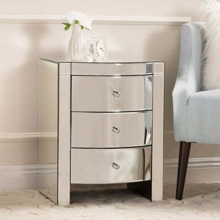 Lilah Mirrored Three Drawer Side Table, Monarch Mirrored Nightstand