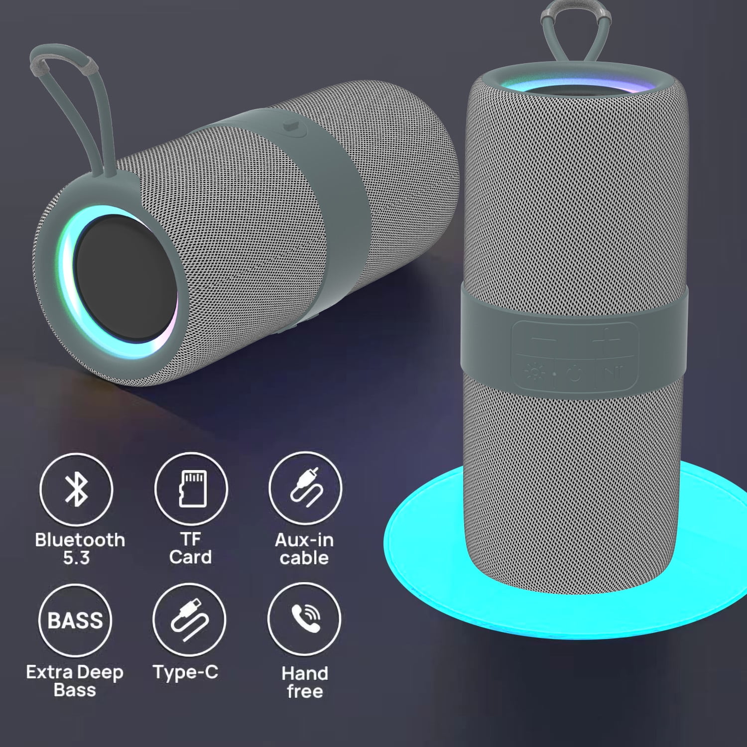 Dammyty Colorful Wireless Bluetooth Speaker, HandsFree Sound, LED Lighting, Gray  (图5)