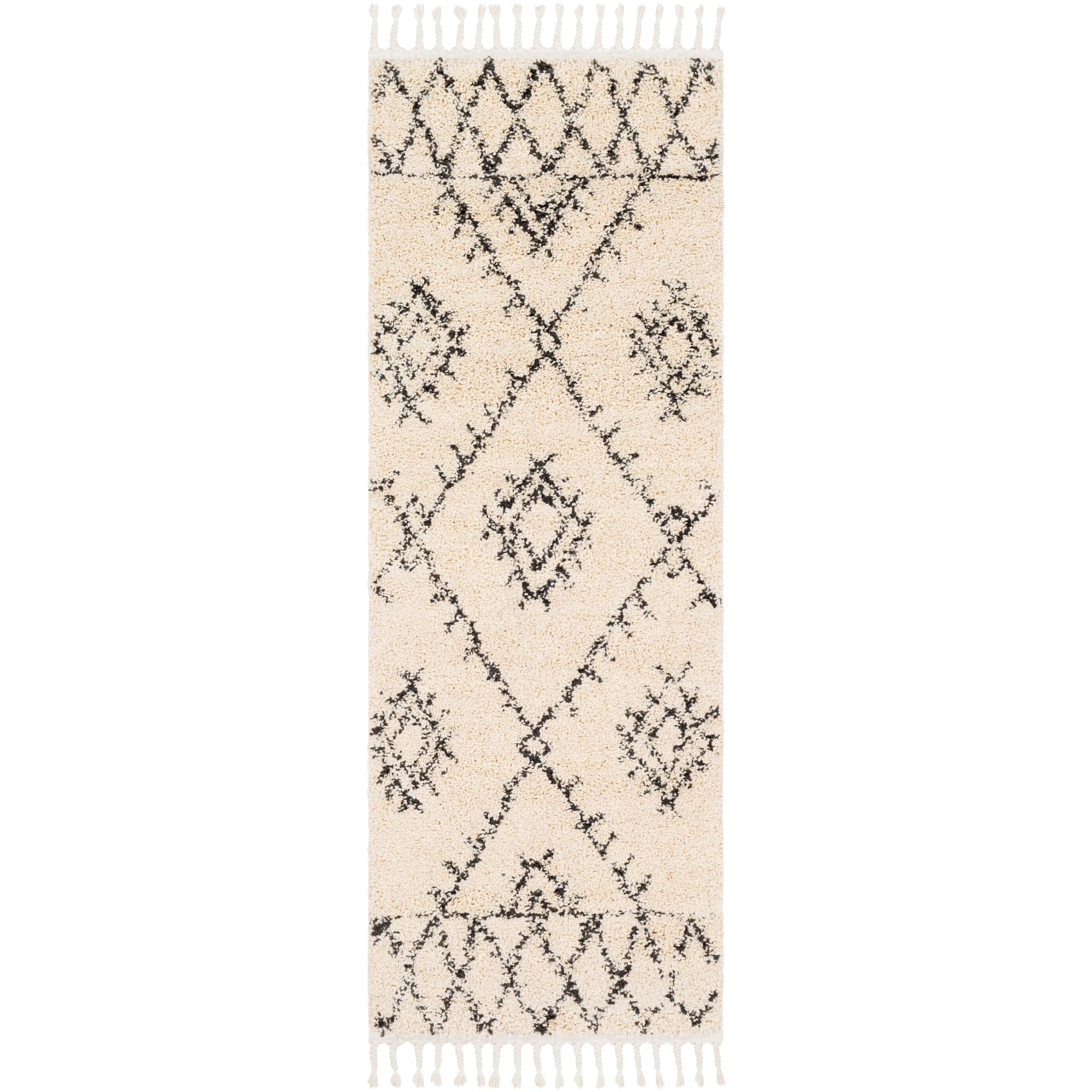2.5' x 7.25' Geometric Patterned Black and Beige Rectangular Area Throw