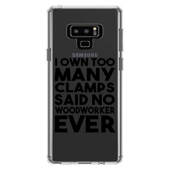 DistinctInk Clear Shockproof Hybrid Case for Samsung Galaxy Note 9 - TPU Bumper Acrylic Back Tempered Glass Screen Protector - Own Too Many Clams - No Woodworker Ever