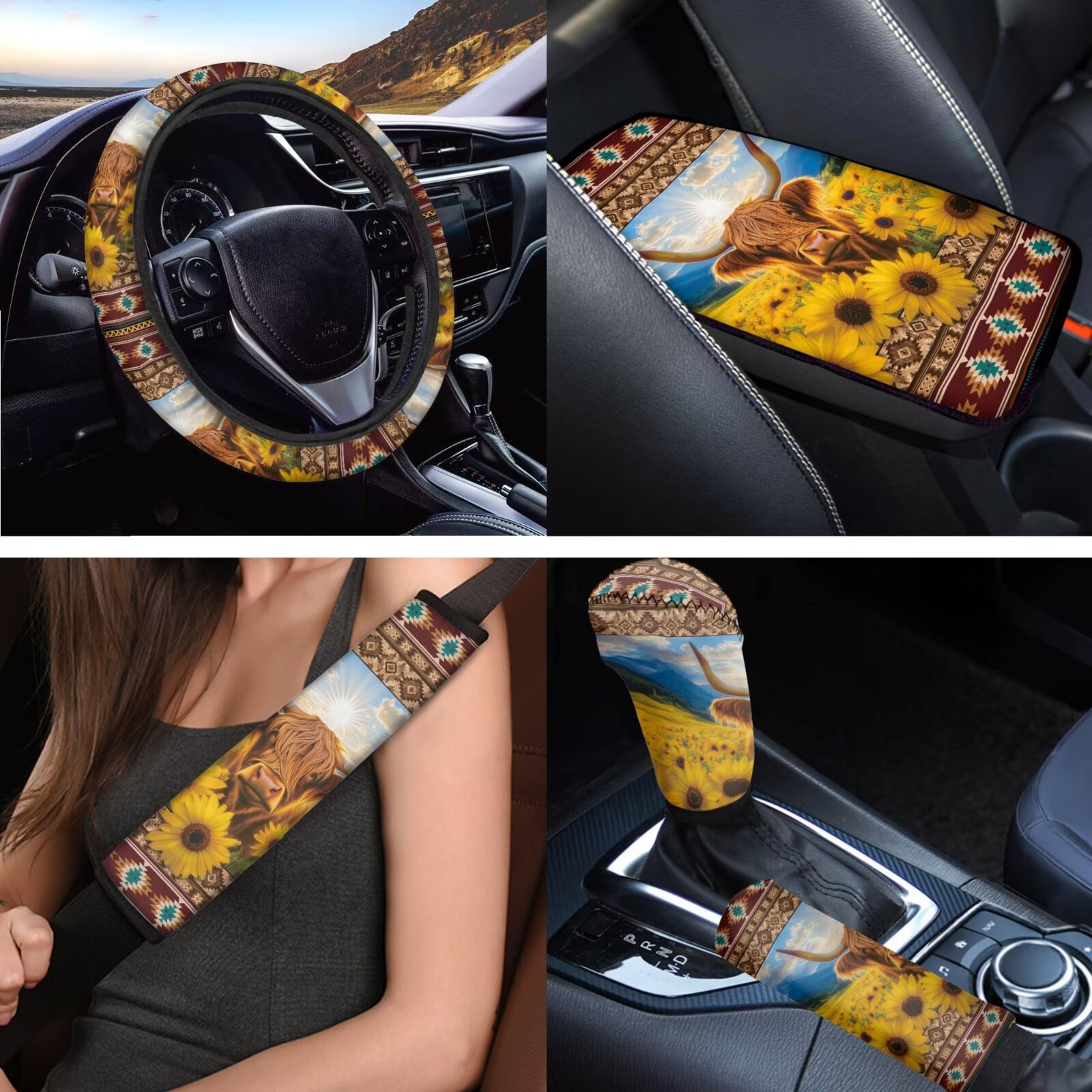 Uorisanigo Aztec Highland Cow 18 Pcs Front & Rear Seat Covers Full Set+Safety Seat Belt Pads+Steering Cover+Auto Armrest Covers+Headrest Cushion+Shift Knob Cover+Handbrake+Coasters+Keychain