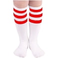 thumbnail image 1 of FOREEMME Kids Child Soccer Socks Stripes Knee High Tube Socks Cotton Uniform Sports Socks for Toddler Boys Girls White Red 3-6 Years, 1 of 7