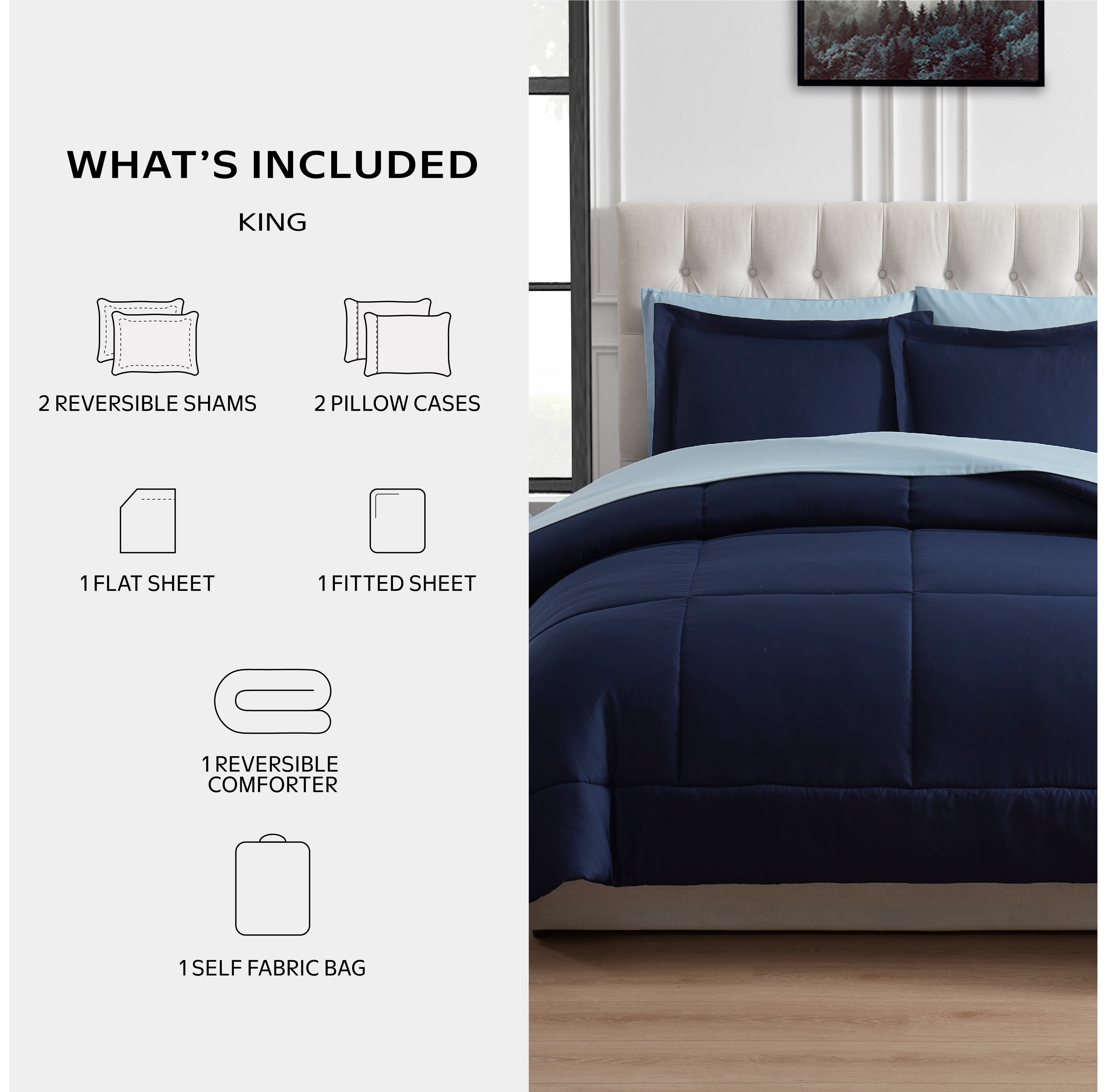 Mainstays All in One Reversible Comforter and Sheet set- 7 Piece, King, Navy