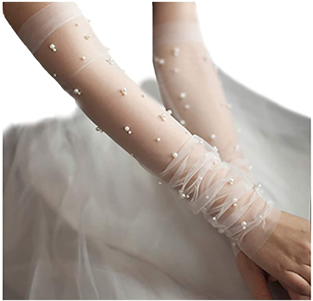 Short Long Gloves Bridal Wedding Sheer Mesh Fishnet Pearls Crystals Women Girls 