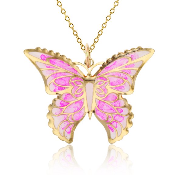 Decadence 14K Yellow Gold Solid Pink Ombre Enamel Butterfly Necklace For Women With a 14K Gold 18" Cable Chain