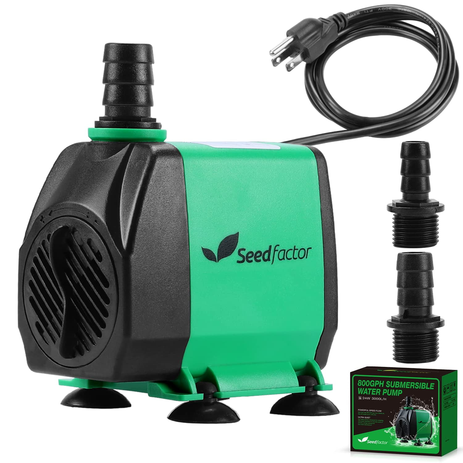 Seedfactor 800GPH Aquarium Pump (3000L/H, 24W), Ultra Quiet Water Pump with 10ft. High Lift, Fountain Pump with 6.5ft. Power Cord, 3 Nozzles for Fish Tank, Pond, Aquarium, Statuary, Hydroponics